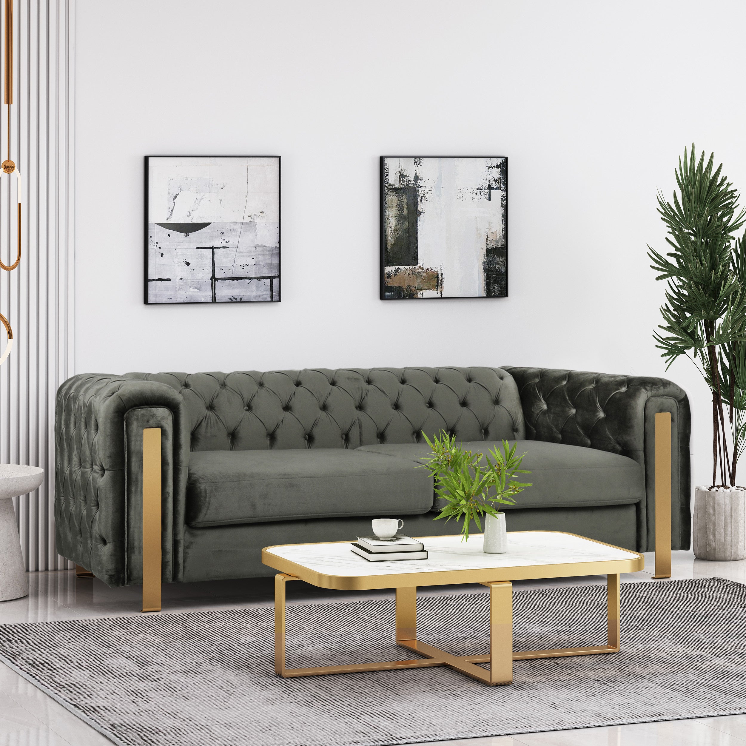 Noble House Addyston Velvet Tufted 3 Seater Sofa, Gray and Gold