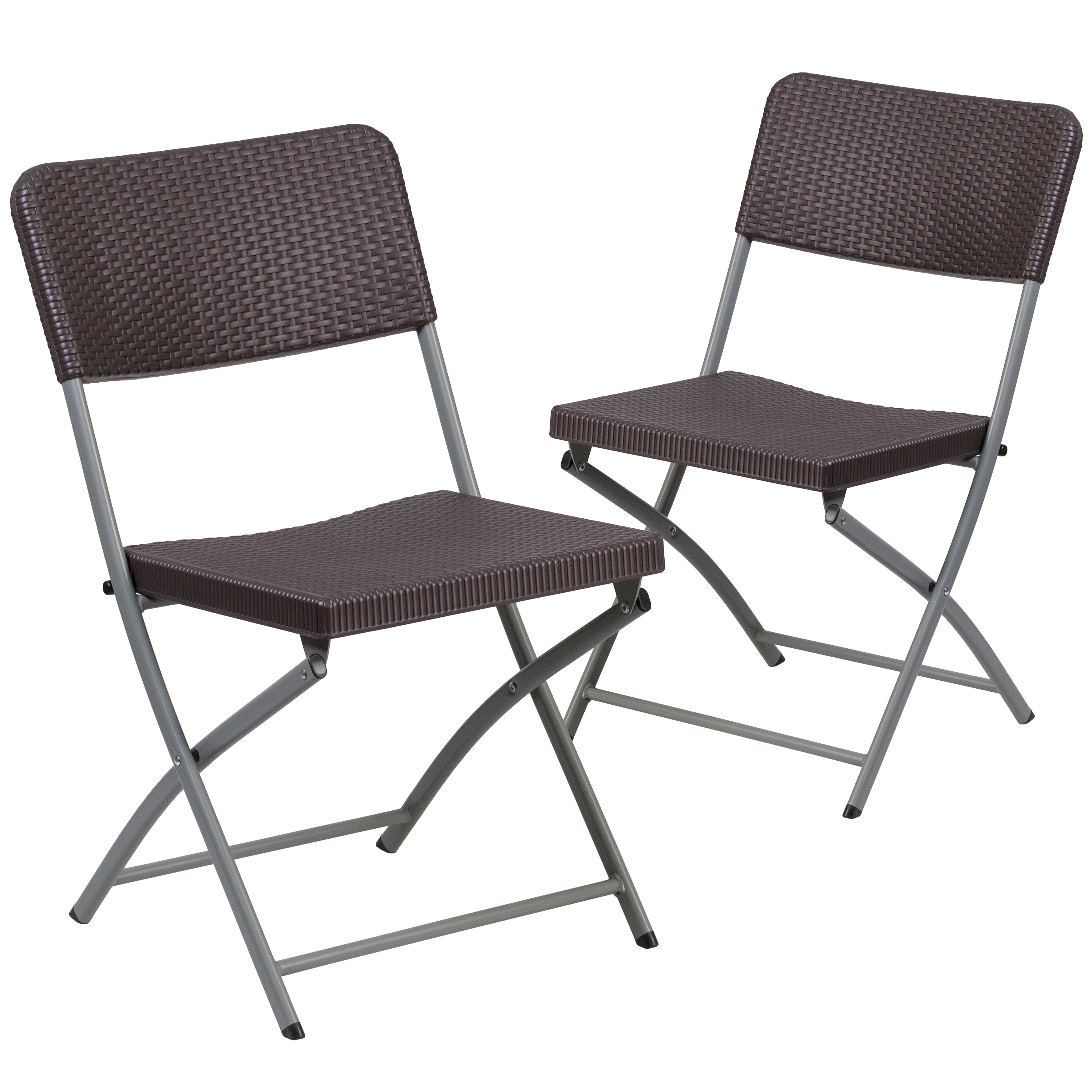 Emma + Oliver 2 Pack Brown Rattan Plastic Indoor-Outdoor Patio Folding Chair