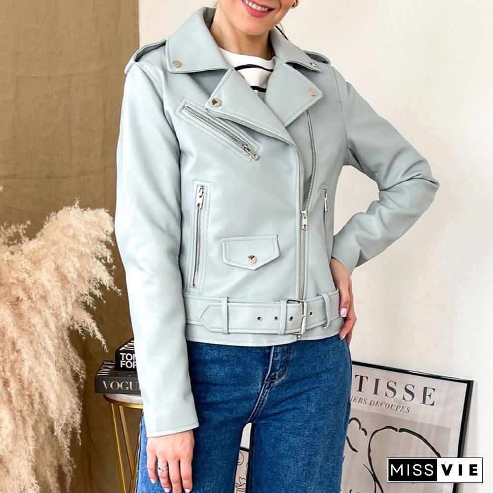 Spring Autumn Women Fashion Blue Black Faux Leather Jacket Solid Zipper With Belt Biker Coat Female Casual Outwear Ladies