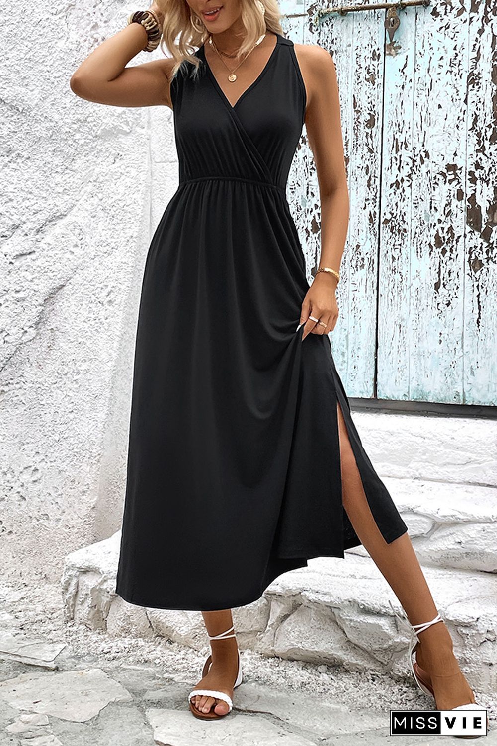 Plain Wrap V Neck Split Sleeveless Maxi Dress