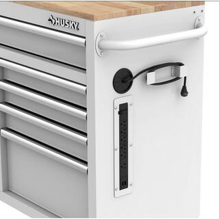 Husky 46 in. W x 18 in. D 9-Drawer Gloss White Mobile Workbench Cabinet with Solid Wood Top H46X18MWC9WHT