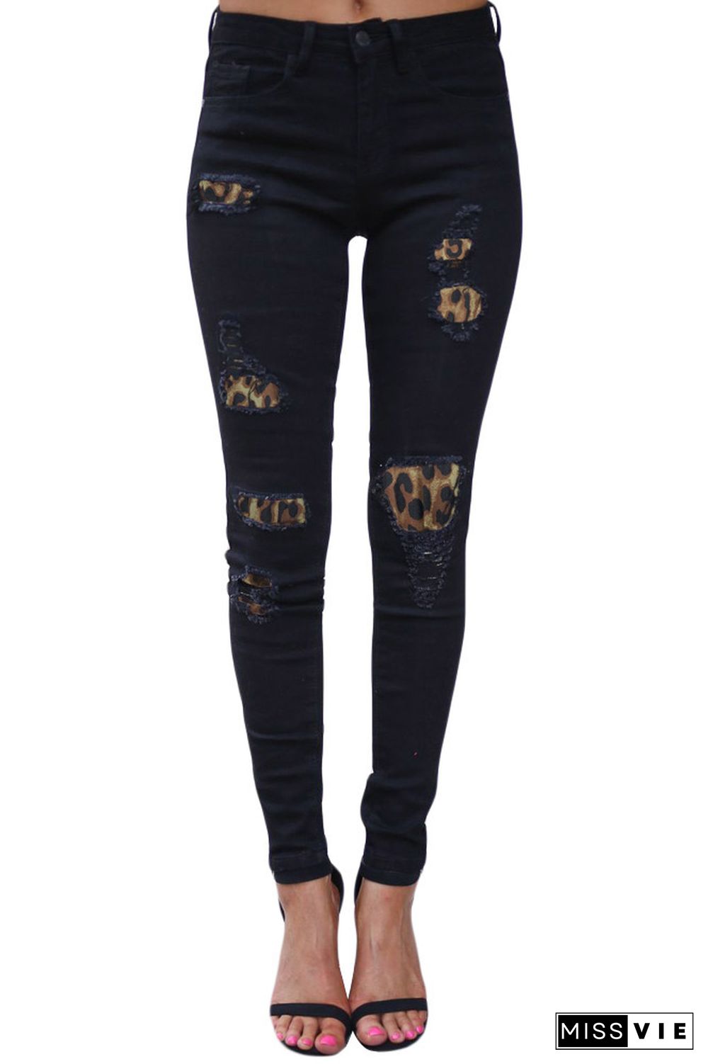 Patchwork Leopard Ripped Jeans