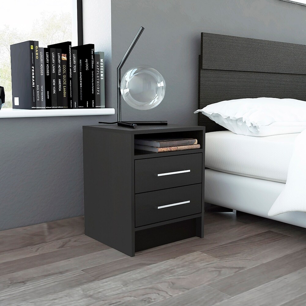 Wooden Nightstand with Two Drawers and Metal Handles