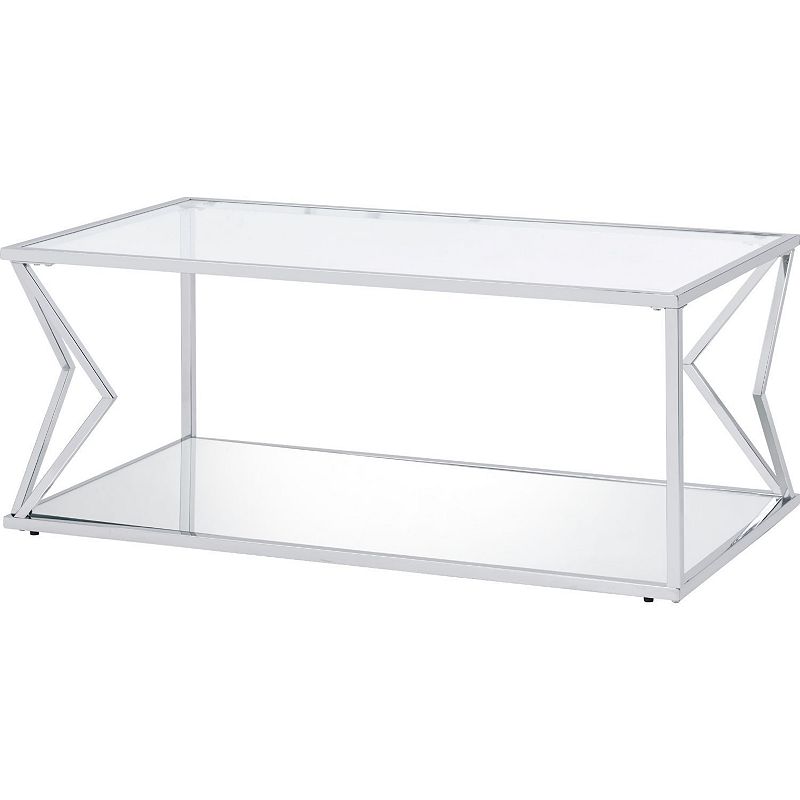 Coffee Table with Glass Top and Bottom Shelf and Geometric Accent， Silver