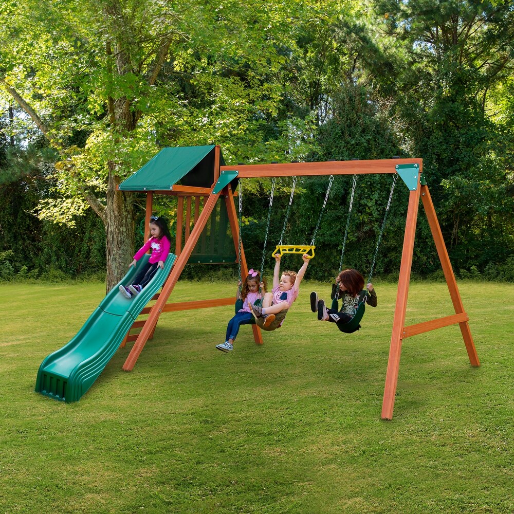 Swing N Slide Ranger Plus Wood Swing Set with Wave Slide and Rock Climbing Wall   Cedar   11' W x 12' D x 7.67' H