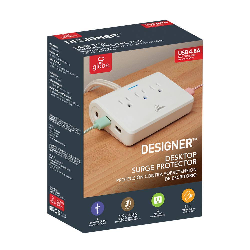 Globe Electric Designer 6 ft. 4 USB 3-Outlet Surge Protector Desktop Power Strip with Fabric Cord White 78428