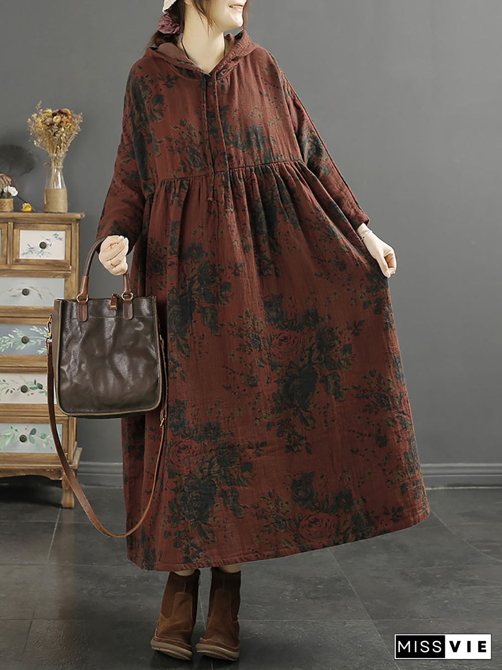 Plus Size Women Retro Floral Shirred Loose Hooded Dress