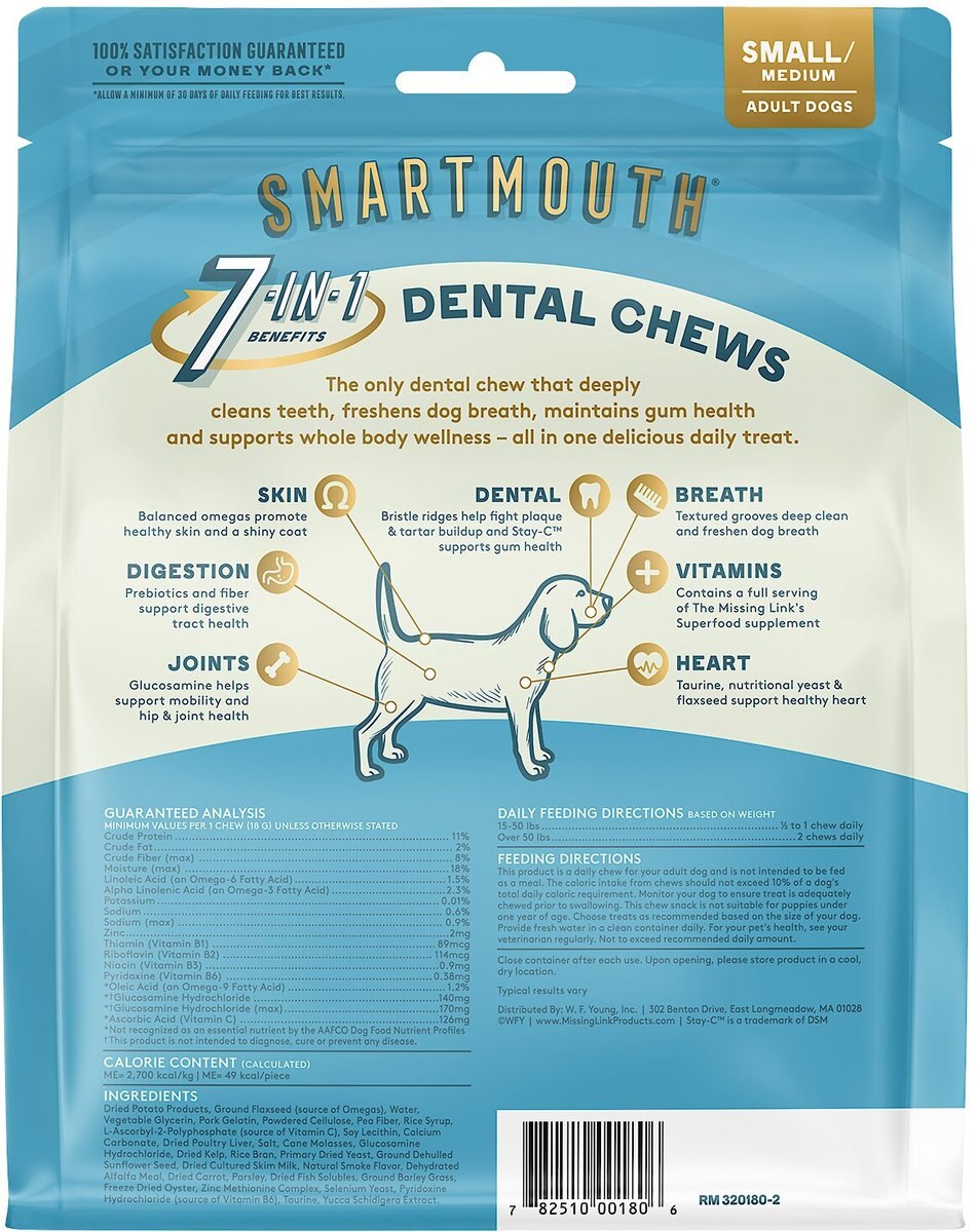 The Missing Link Smartmouth Dental Chews for Small and Medium Dogs， over 15 lbs