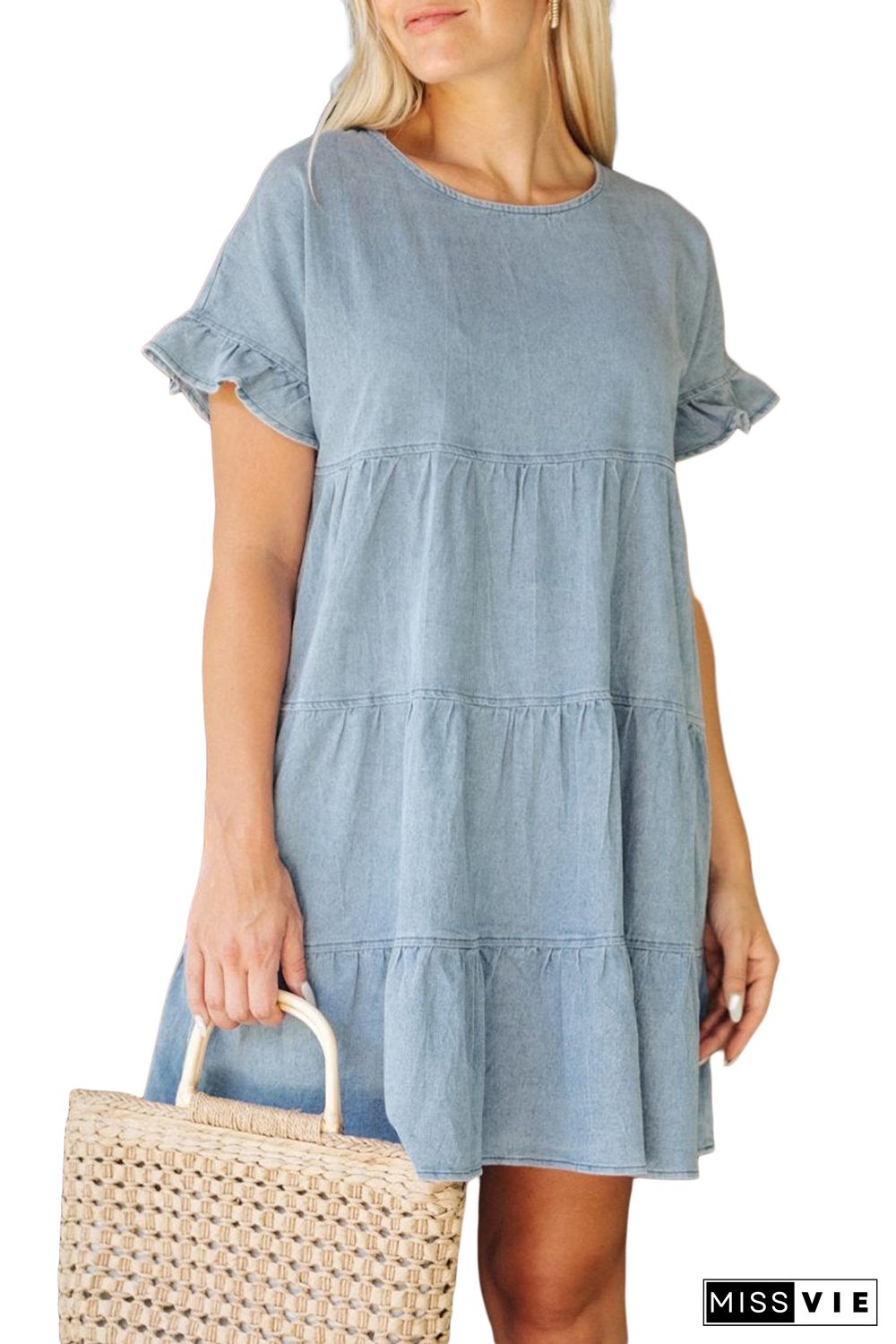 Sky Blue Ruffled Short Sleeves Tiered Denim Dress