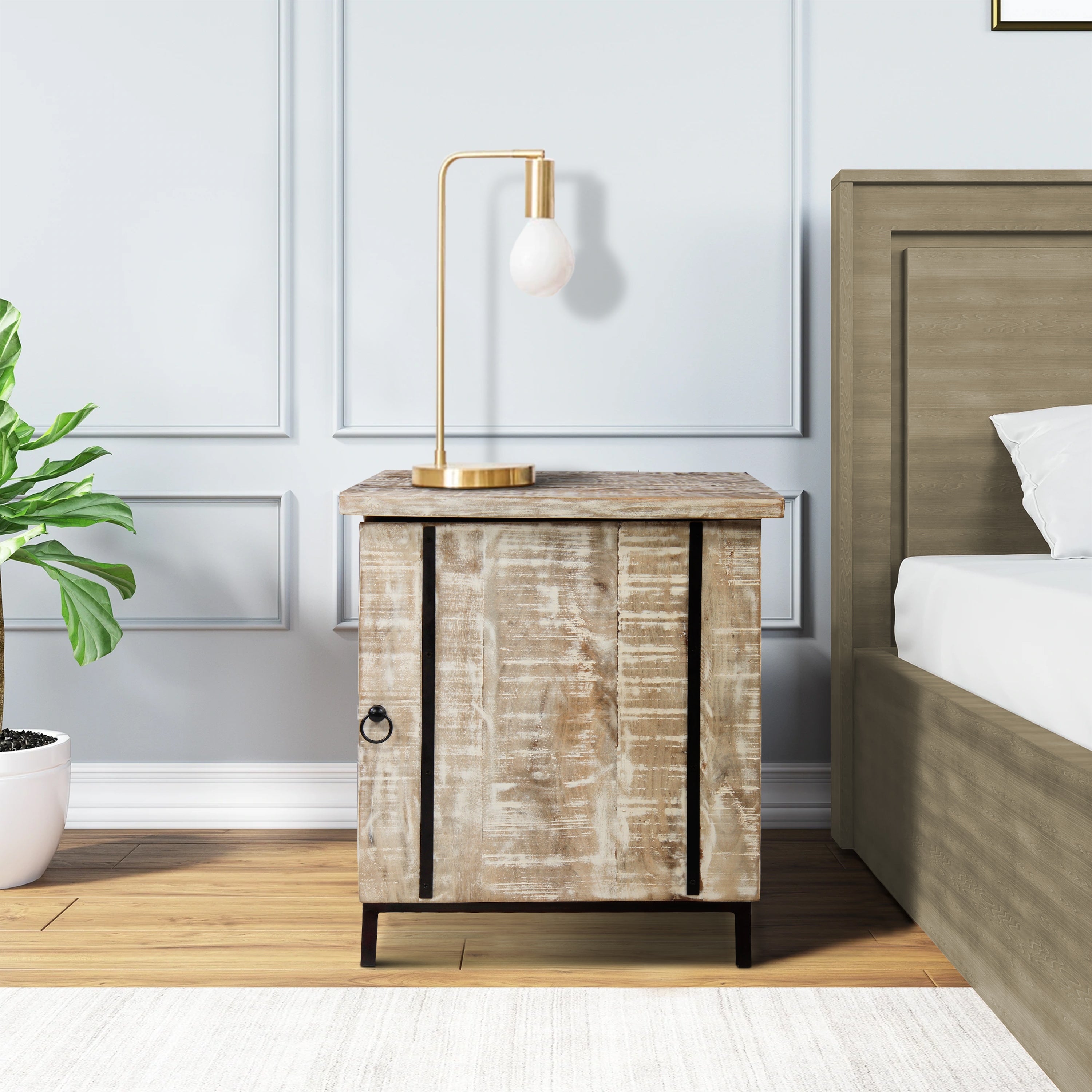 Wooden Bedside Table with 1 Door and Metal Frame， Antique White and Black