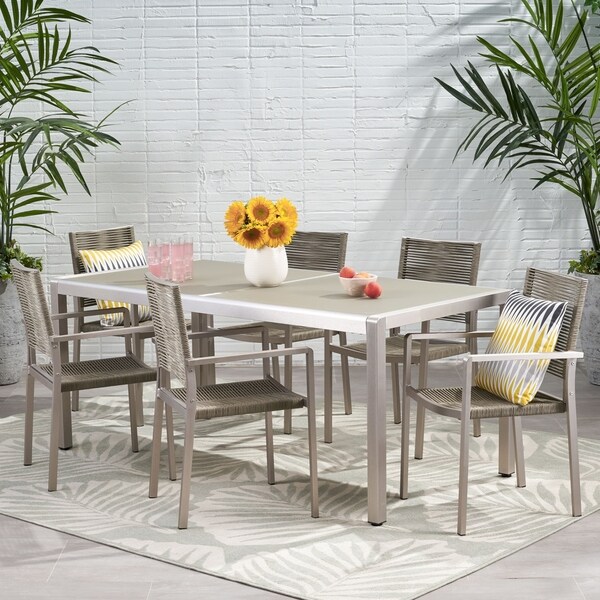 Gaviota Outdoor Modern 6 Seater Aluminum Dining Set with Tempered Glass Table Top by Christopher Knight Home