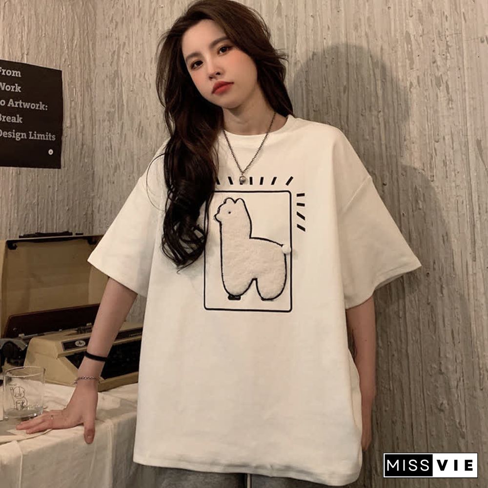 Cartoon Alpaca Embroidery Loose T-Shirt