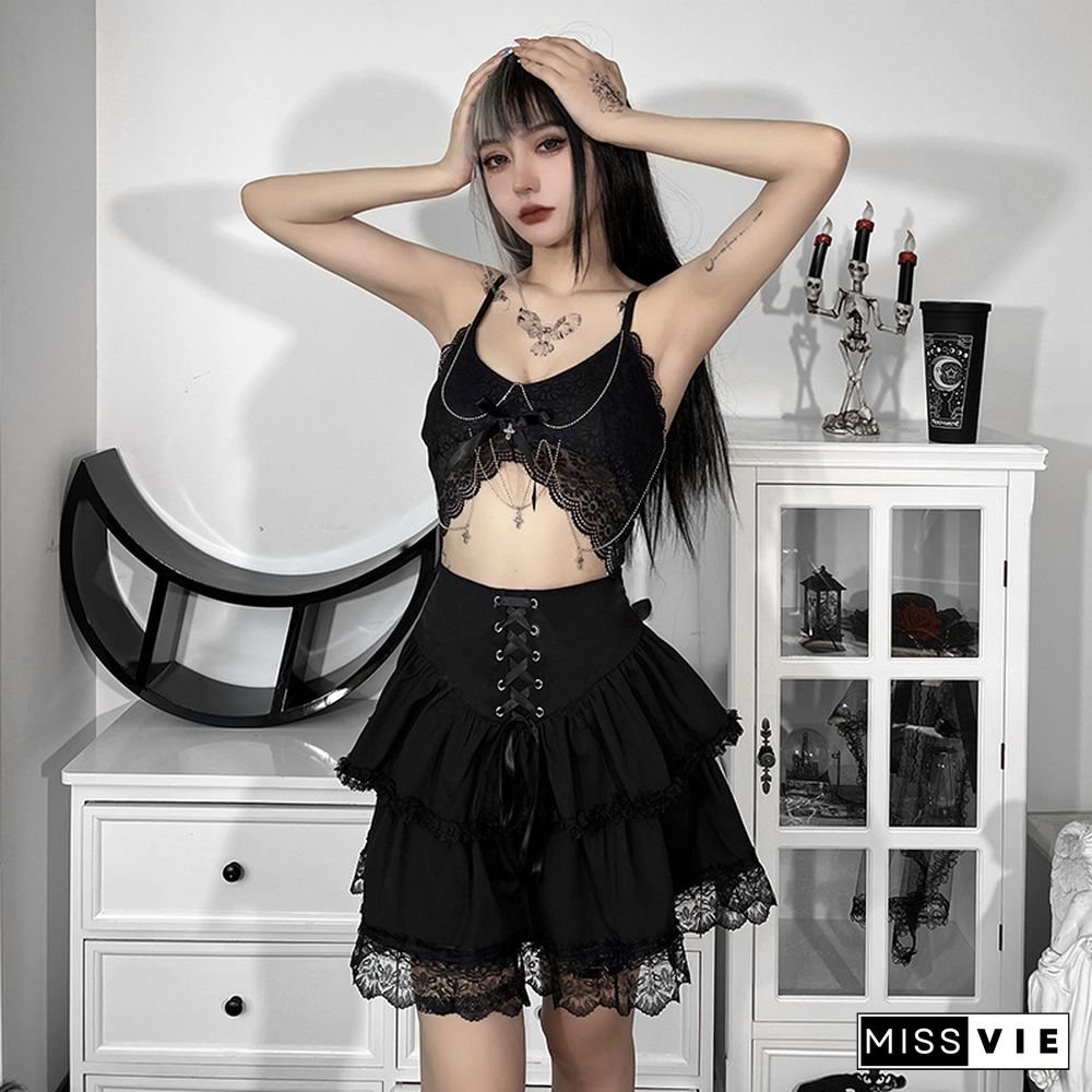 Lace Crop Top Summer Gothic Women V Neck Camisole With Bow Punk Style T Shirts Vest Dark Academia Clothes Streetwear