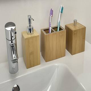 Dracelo 5-Piece Bathroom Accessory Set with Dispenser Trash Can Toothbrush Holder in Bamboo B08W22ZBPL