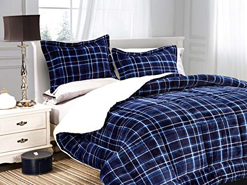 Softest Heavy Weight Plaid Pattern Micromink Sherpa-Backing Down Alternative Micro-Suede 3-Piece Reversible Comforter Set