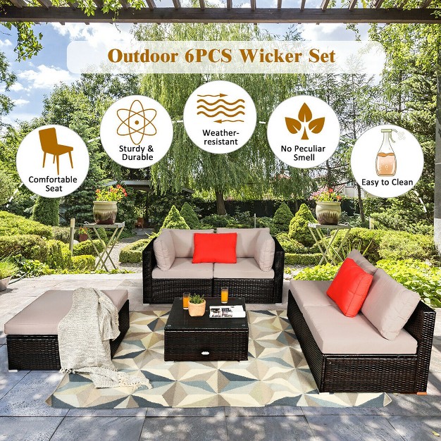 Costway 6pcs Outdoor Rattan Furniture Set Patio Seating Set Cushioned Ottoman