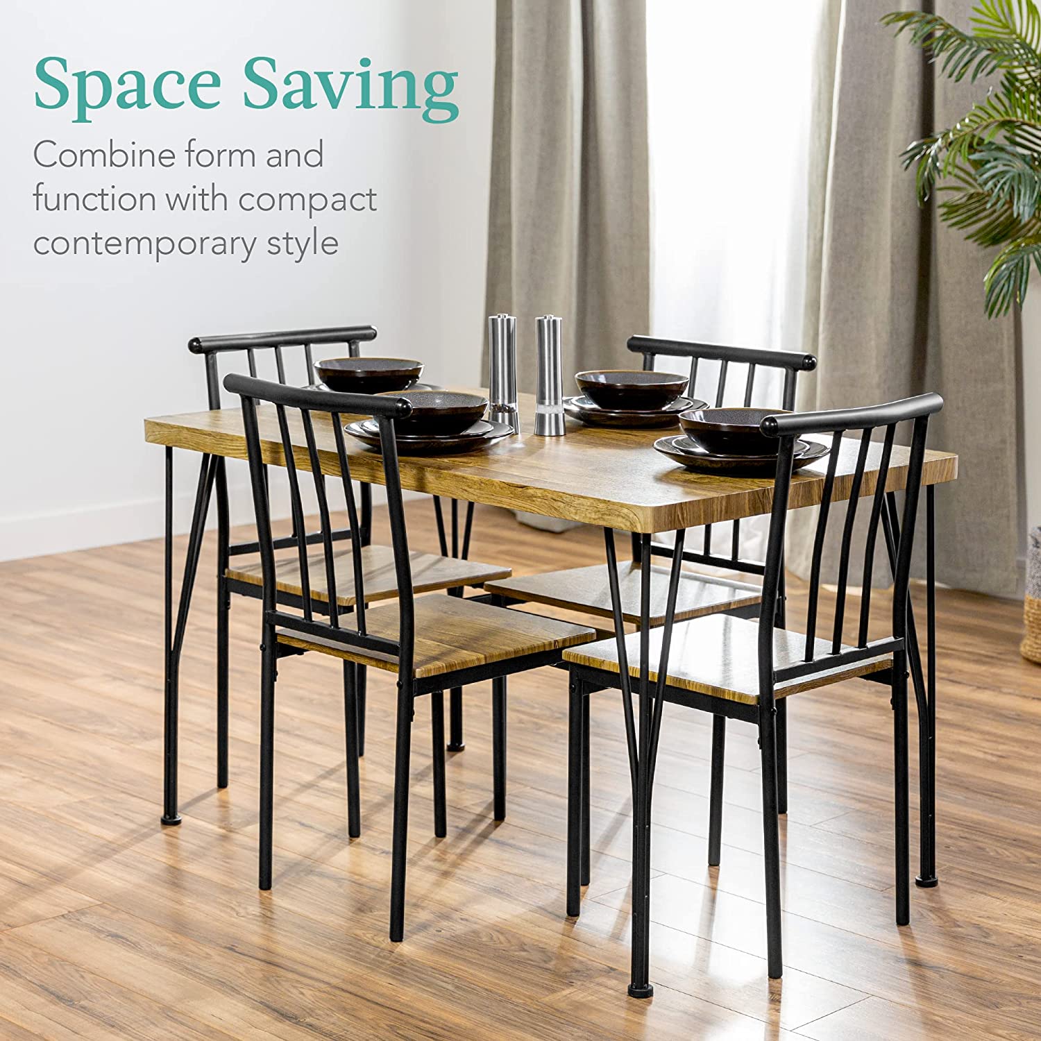 Best Choice Products 5-Piece Metal and Wood Indoor Modern Rectangular Dining Table Furniture Set for Kitchen， Dining Room， Dinette， Breakfast Nook w/ 4 Chairs - Brown