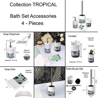 4-Pieces Bath Accessory Set with Soap Pump Tumbler Soap Dish and Toilet Brush Holder in White Dolomite Tropical SET4TROPICAL