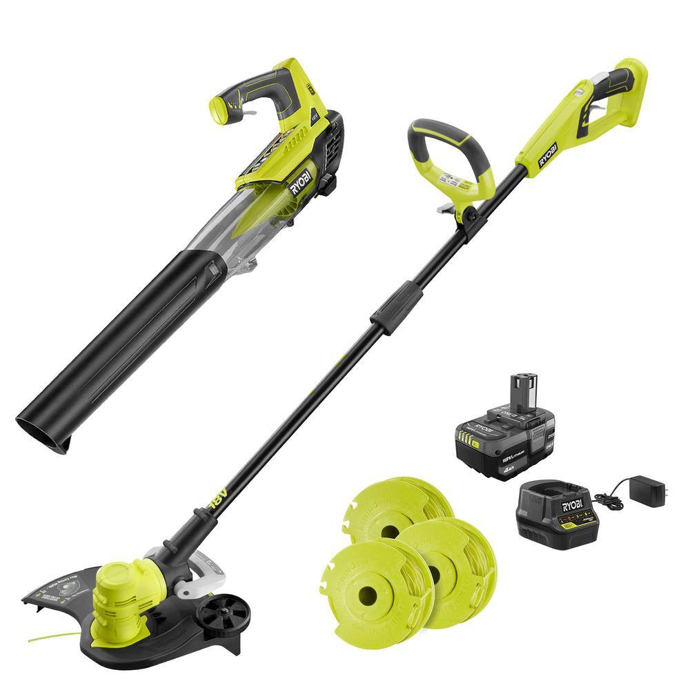 RYOBI ONE+ 18V Cordless String TrimmerEdger and Blower with Extra 3-Pack of Spools 4.0 Ah Battery and Charger P2035-AC