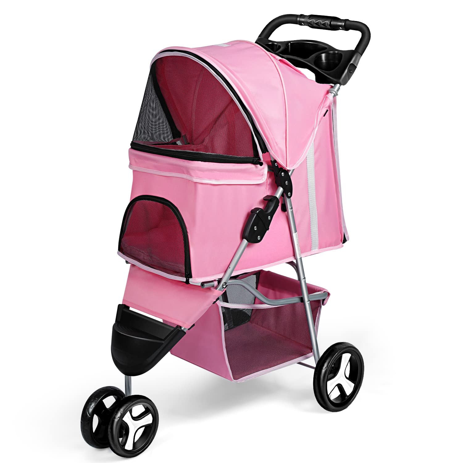 Pet Stroller 3 Wheel Foldable Cat Dog Stroller with Storage Basket and Cup Holder for Small and Medium Cats， Dogs， Puppy (Pink)