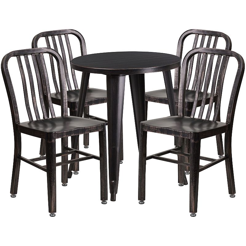 Emma and Oliver Commercial Grade 24 Round Red Metal Table Set-4 Vertical Slat Back Chairs