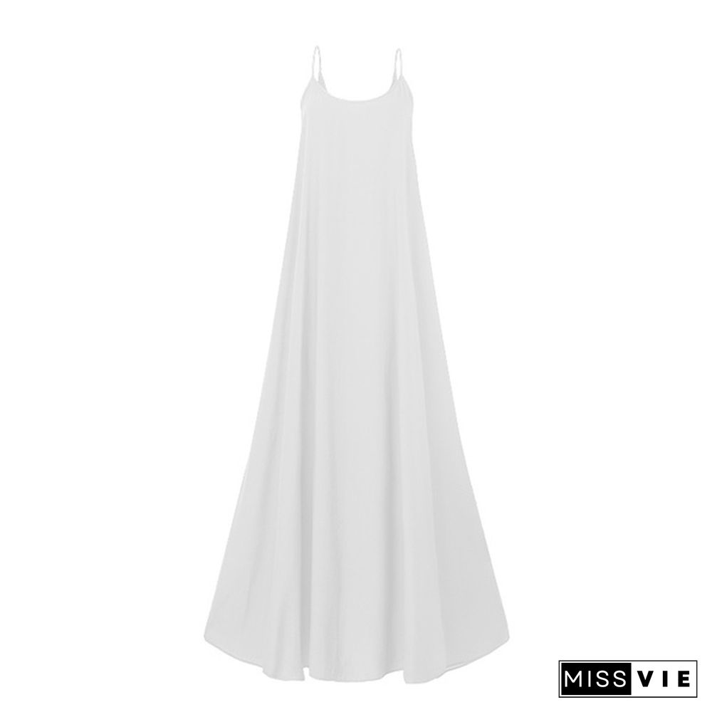 NEW Fashion Ladies Sleeveless Plain Summer Long Strap Dress Flowy A-Line Maxi Halter Dress Big Swing Loose Beach Holiday Tank Dress Sundress