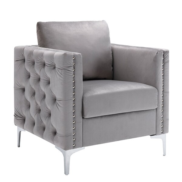 Modern Velvet Armchair Tufted Button Accent Chair Club Chair with Steel Legs