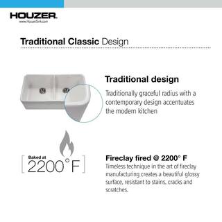 HOUZER Platus Undermount Fireclay 32 in. 5050 Double Bowl Kitchen Sink in White with Low Divide PTD-6400 WH