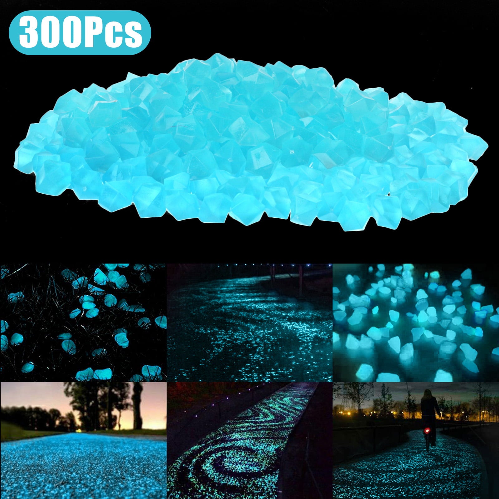 300pcs Glow in The Dark Stones Garden Pebbles Rocks, TSV Glowing Fish Tank Pebbles, Indoor Outdoor Yard Decor Luminous Stone for Aquarium Planter Walkway Driveway Grass Blue