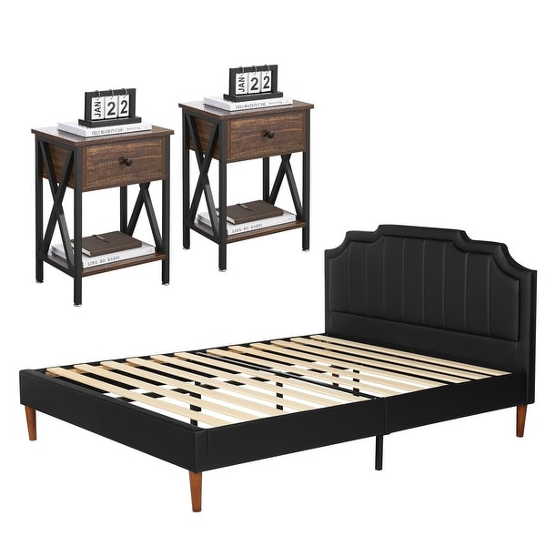 Taomika 3-Pieces Faux Leather Upholstered Platform Bed and Nightstands Sets - - 34844819