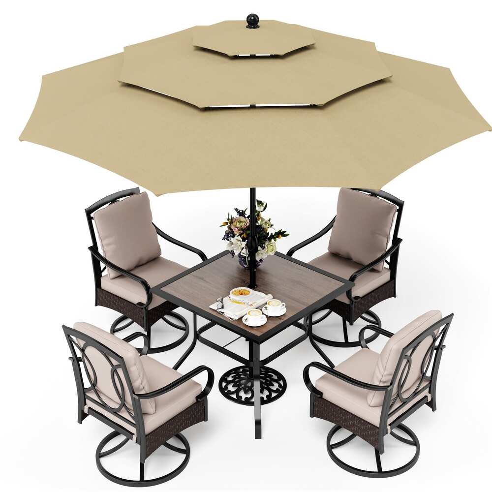 5 Piece Patio Dining Set of 4 Swivel Rattan Chairs with Deep seating and Back Cushions and 1 Wood like Table Top   N/A