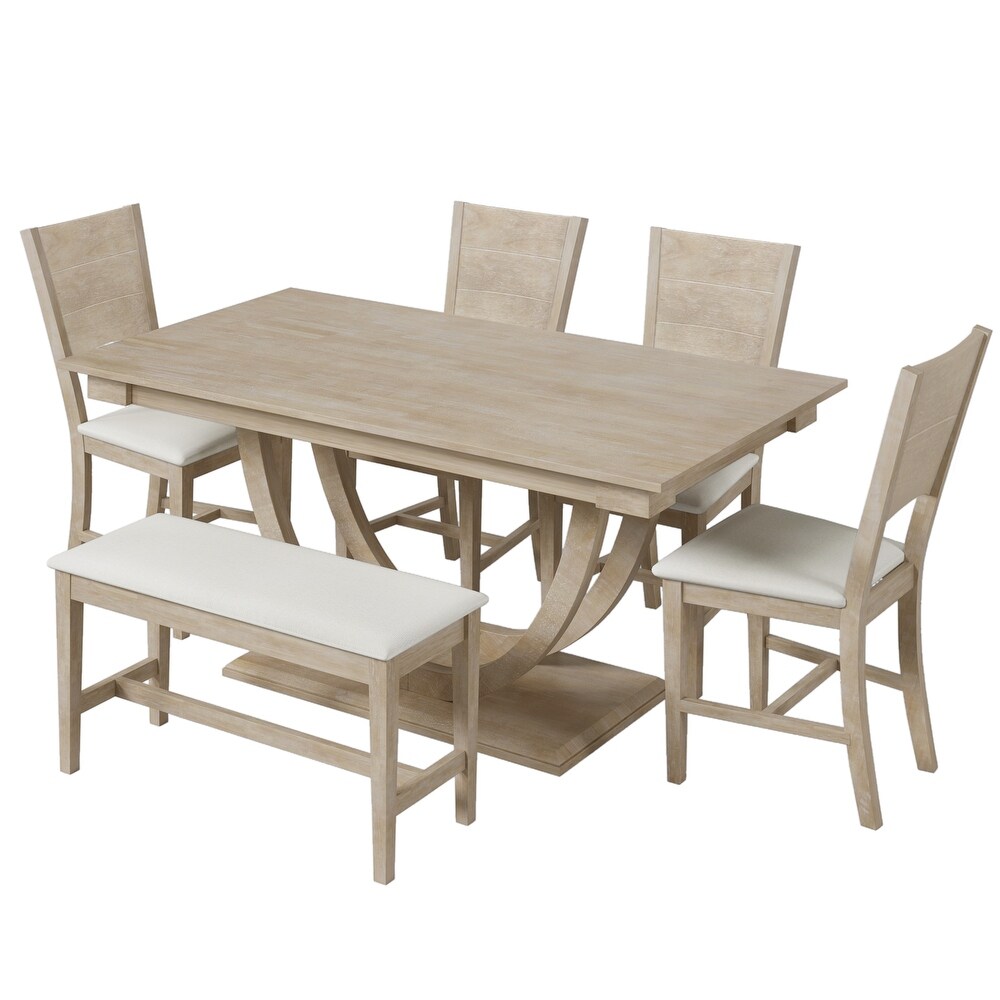 6 Piece Dining Table Set with Long Bench and 4 Upholstered Dining Chairs