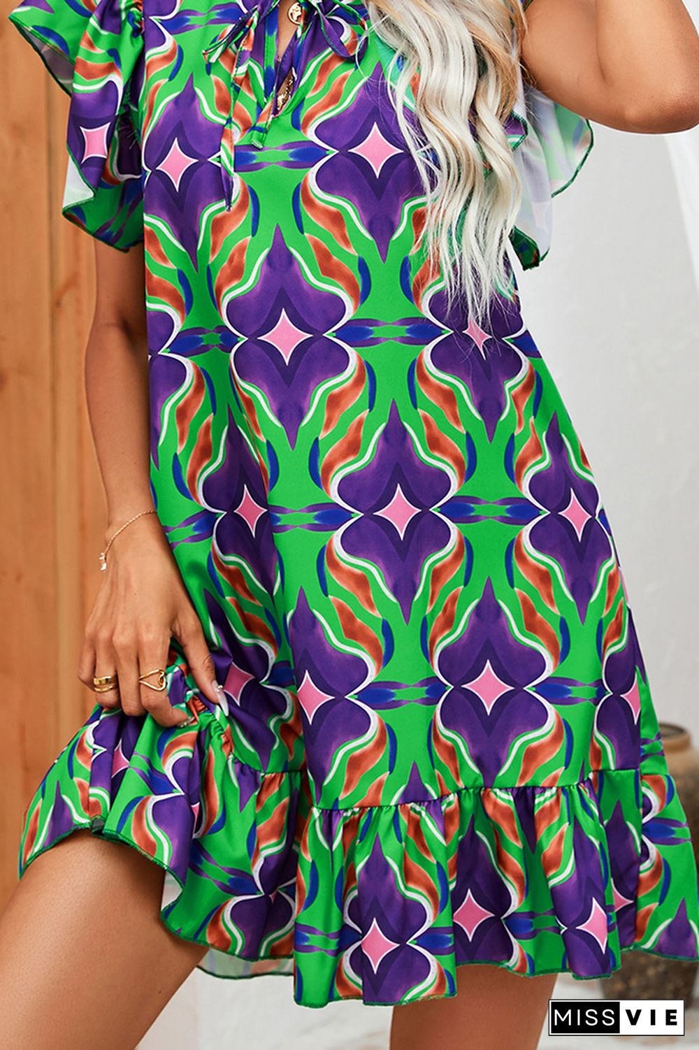 Frilled Split Collar Printed Ruffles Dress