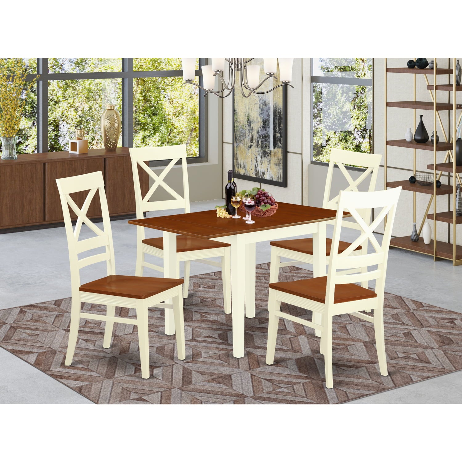 East West Furniture NDQU5-WHI-W, 5Pc Dining Room Table Set Offers a Small Kitchen Table and 4 Kitchen Chairs with Solid Wood Seat and X Back, Buttermilk and Black Finish