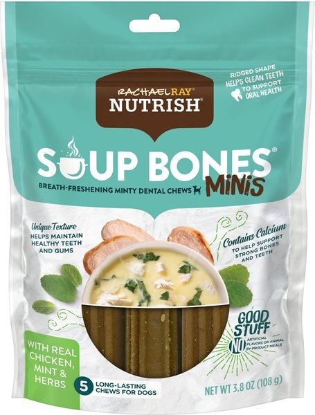 Rachael Ray Nutrish Soup Bones Minis Breath-Freshening Minty Dog Dental Treat， 3.8-oz pouch， 8 count