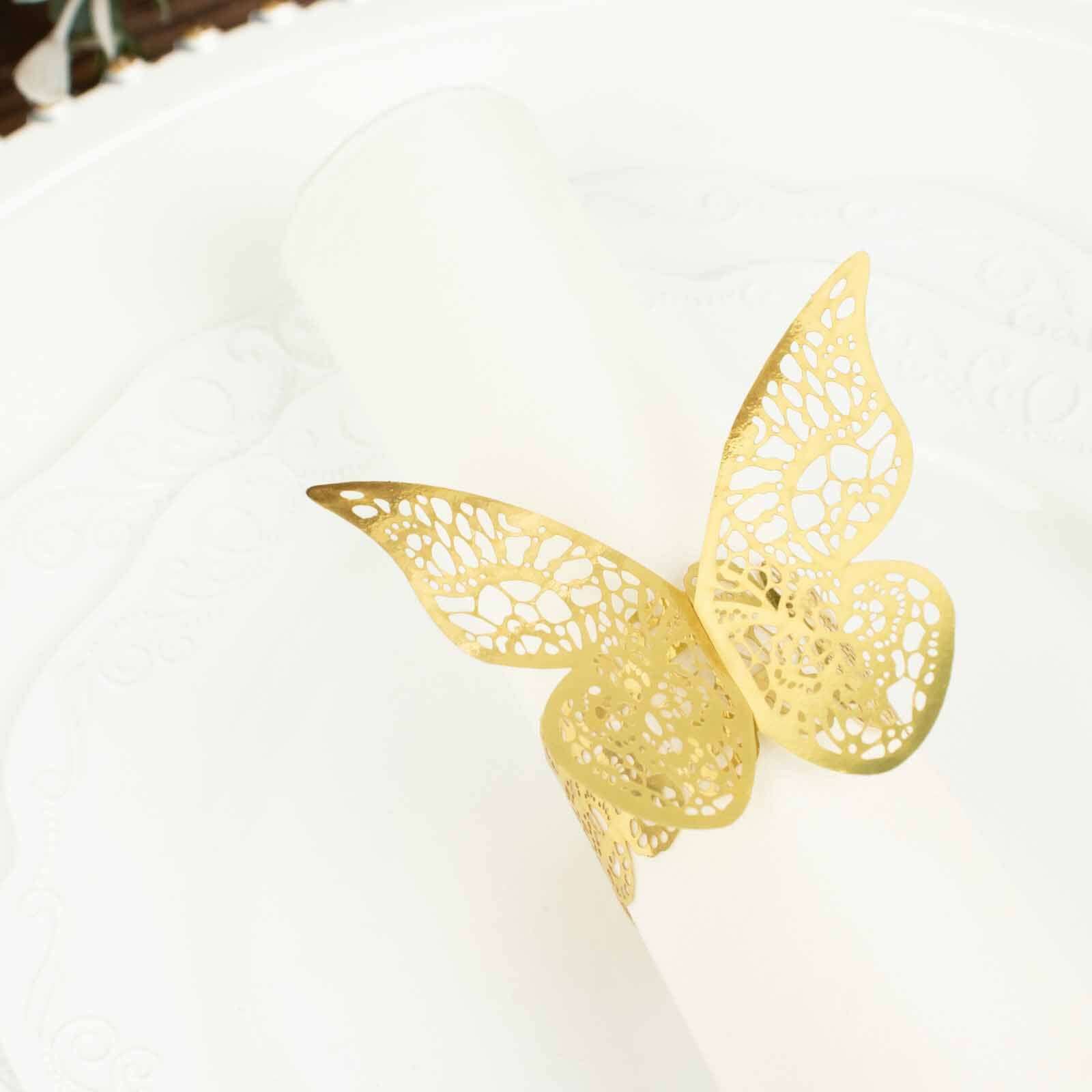 12 Pack Metallic Gold Foil Laser Cut Butterfly Paper Napkin Rings, Chair Sash Bows, Serviette Holders