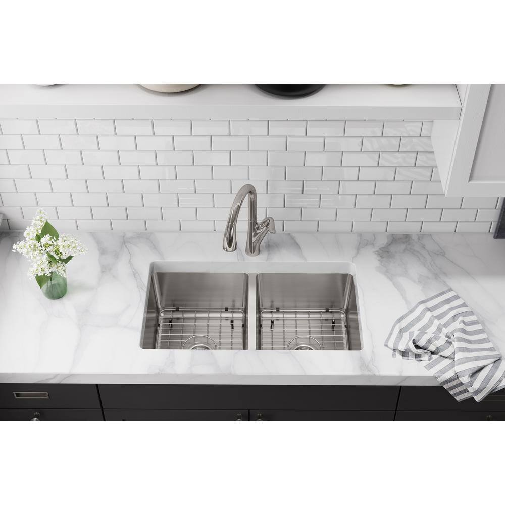 Elkay Avenue Drop-inUndermount Stainless Steel 33 in. 5050 Double Bowl Kitchen Sink with Bottom Grid and Drains VBTHD168