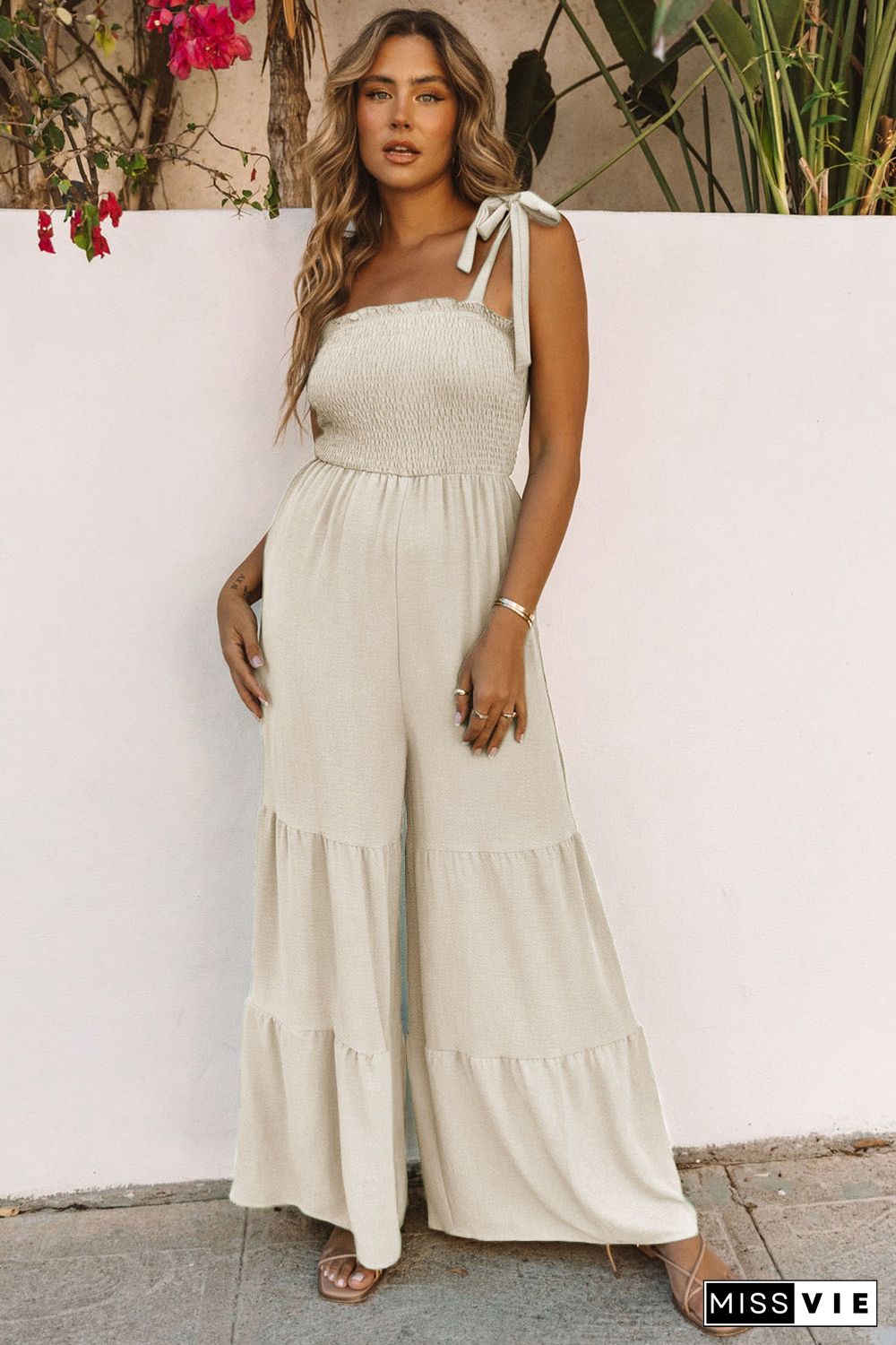 Apricot Tie Straps Shirred Bodice Tiered Wide Leg Jumpsuit