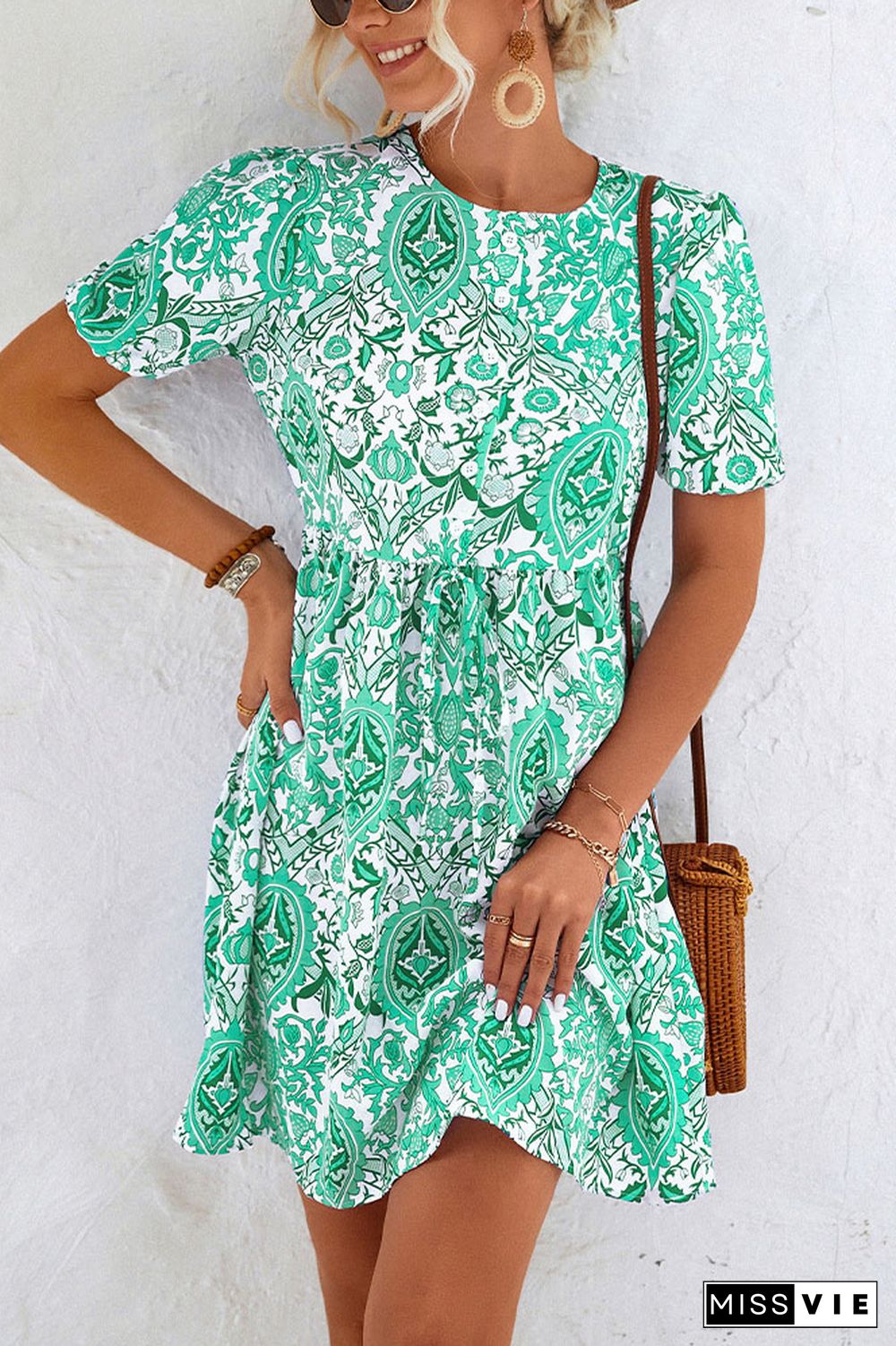 Bubble Sleeves Paisley Print High Waist Dress