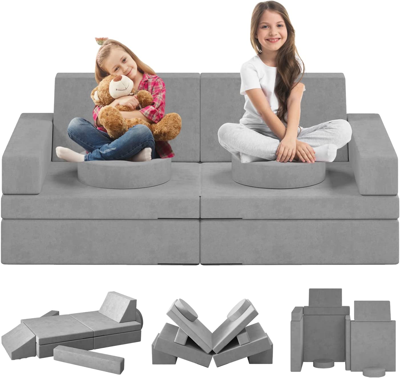 Kids Couch 10Pcs, Kids Couch Sofa for Playroom, Creative Modular Sofa Couch for Imaginative Kids Toddlers Babies, Kids Playroom Furniture (Grey)