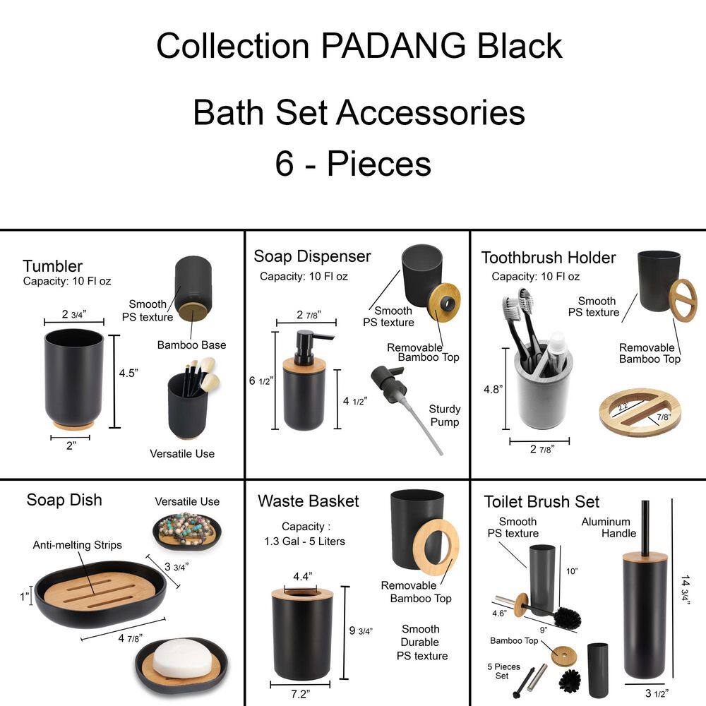 Padang 6-Pieces Bath Accessory Set with Soap Pump Tumbler Soap Dish and Toilet Brush Holder in Black and Bamboo SET6PADANG6174237