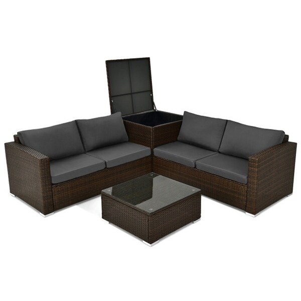 4-Piece Patio Rattan Cushioned Furniture Set with Armrest and Storage Box - Overstock - 37500640