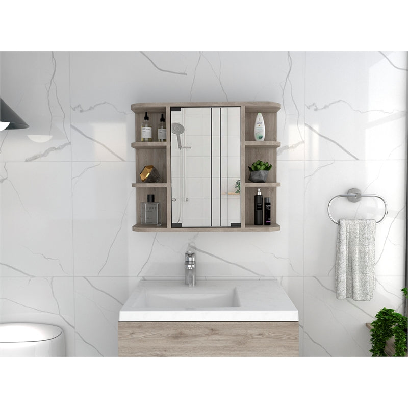 TUHOME Milan Medicine Cabinet, Six External Shelves Mirror, Three Internal Shelves, Light Grey, For Bathroom