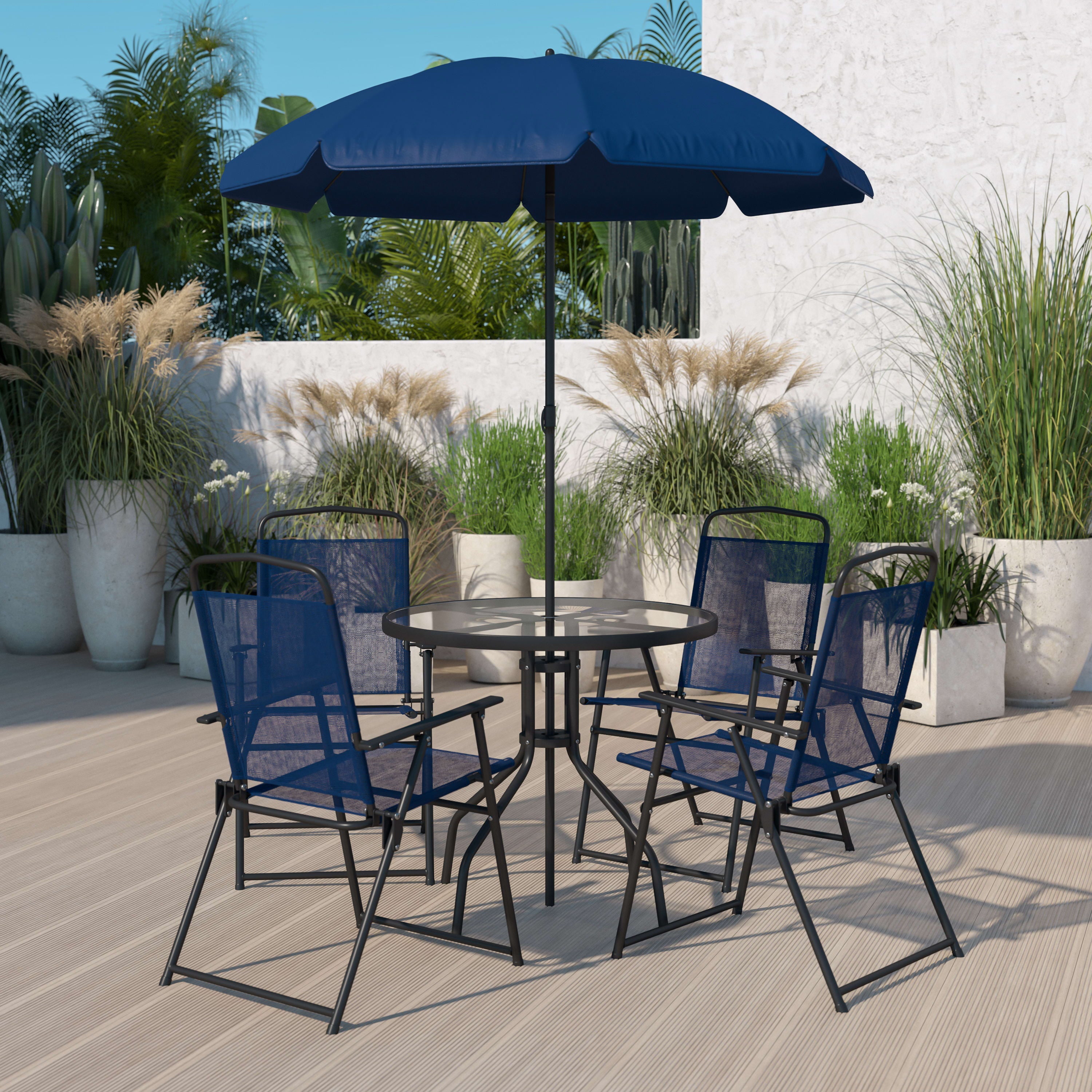 Flash Furniture Nantucket 6 Piece Navy Patio Garden Set with Umbrella Table and Set of 4 Folding Chairs