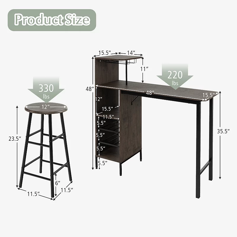 3 Piece Bar Table and Chairs Set with 6-Bottle Wine Rack