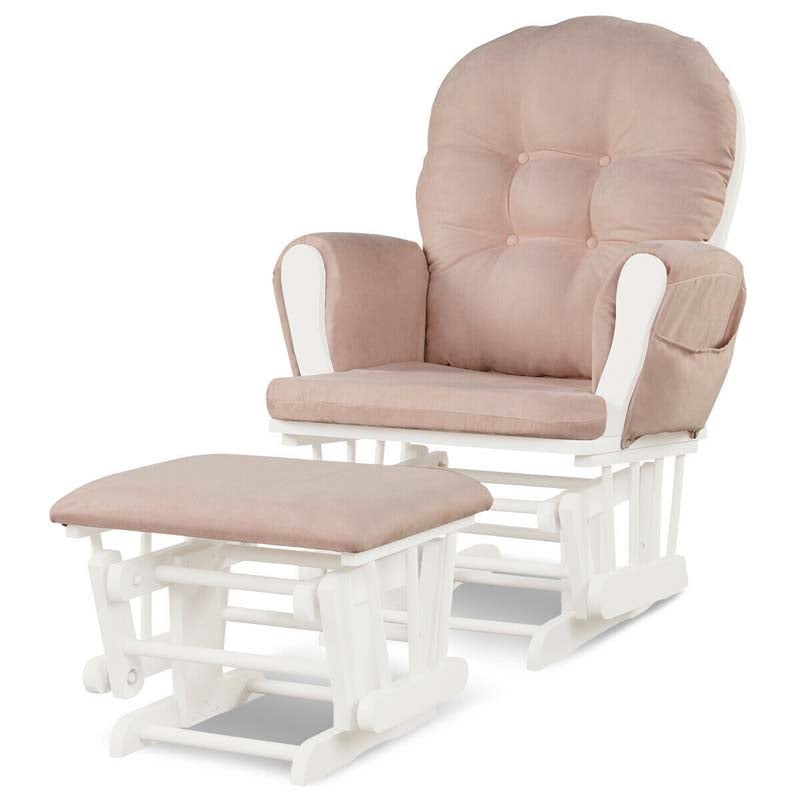 Glider Rocking Chair & Ottoman Set Solid Wood Baby Rocker Nursery Chair With Padded Cushions & Pockets