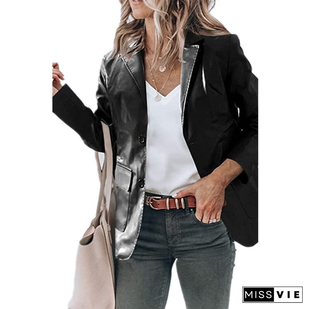 New Winter Jacket Women Temperament Slim Lapel Single-breasted Solid Color PU Leather Jacket Long-sleeved Top Coats