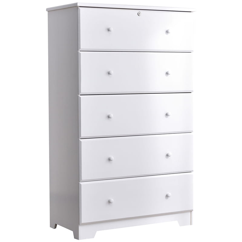 Pemberly Row Contemporary Solid Pine Wood 5 Drawer Chest Dresser in White