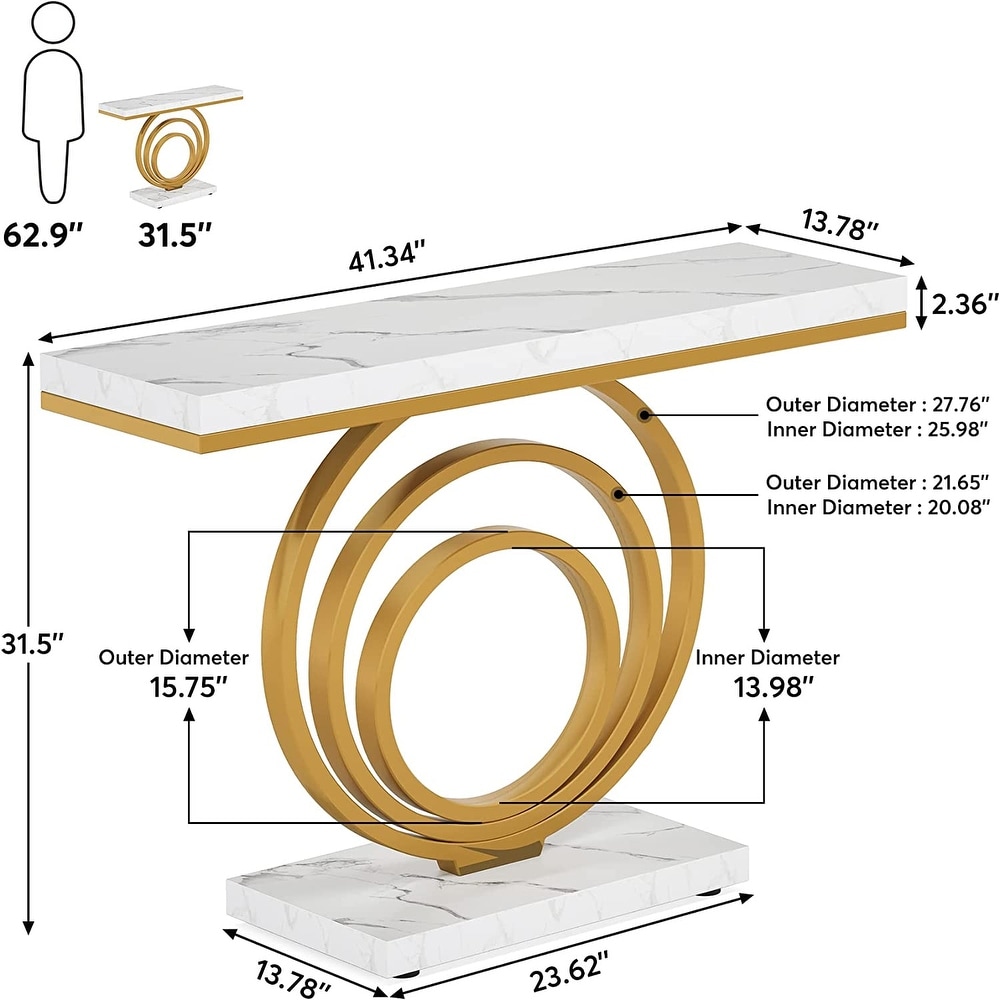 41 Inch Faux Marble White Console Table with Gold Ring Base