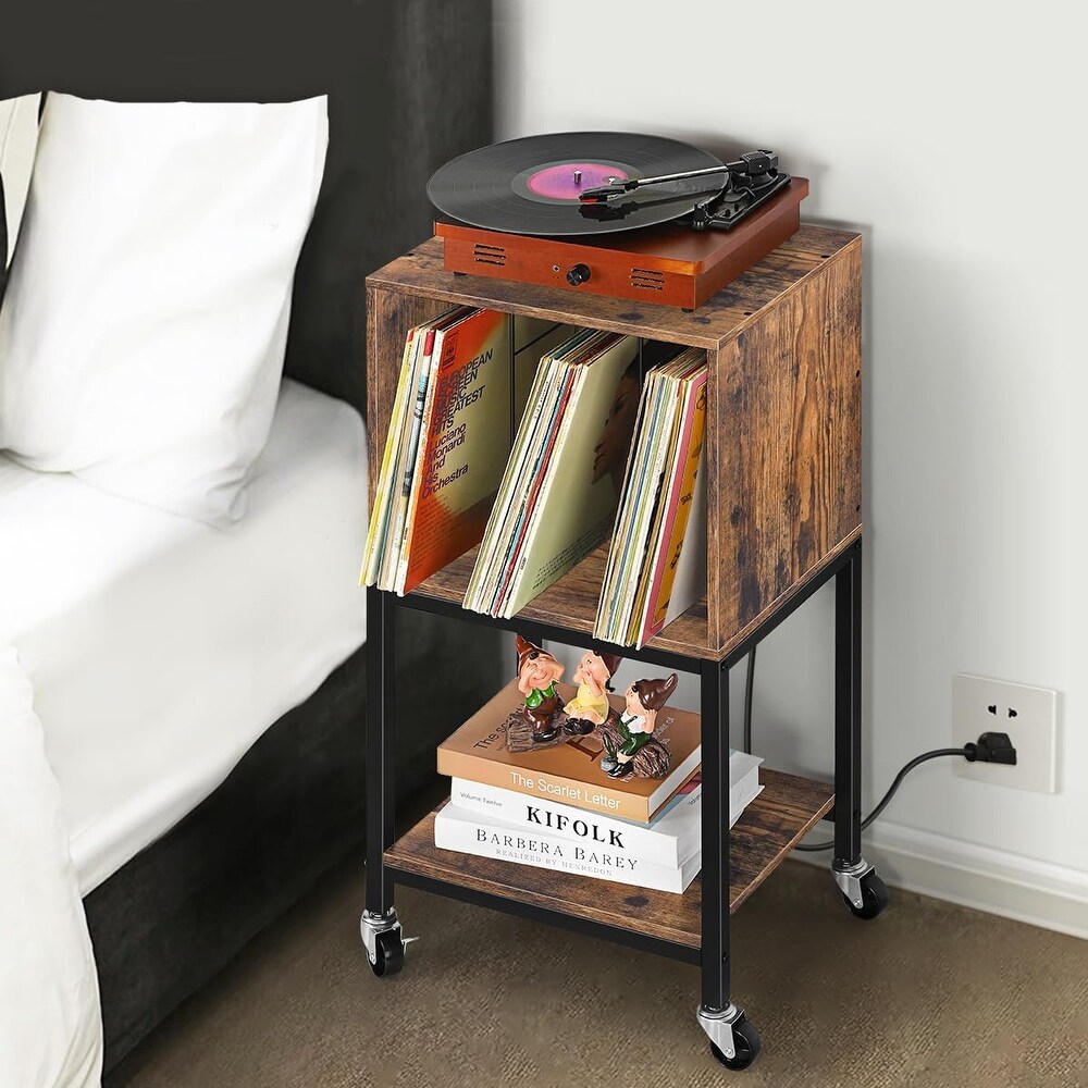 3 Tier Vinyl Record Storage Cabinet with Charging Station